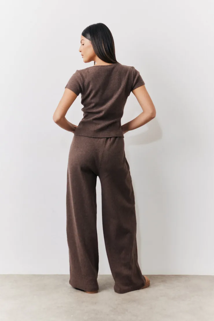 Outlet In The Style Brushed Rib Wide Leg Co Ord Trousers Chocolate