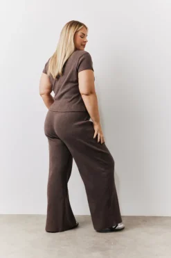 Outlet In The Style Brushed Rib Wide Leg Co Ord Trousers Chocolate