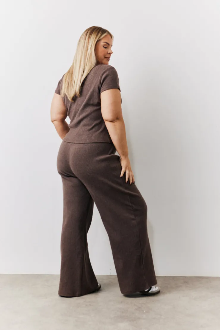 Outlet In The Style Brushed Rib Wide Leg Co Ord Trousers Chocolate