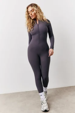 New Fits Built-In Bra Half Zip Long Sleeve Sculpt and Control Unitard Charcoal