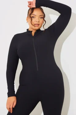 New Fits Built-In Bra Half Zip Long Sleeve Sculpt and Control Unitard Charcoal