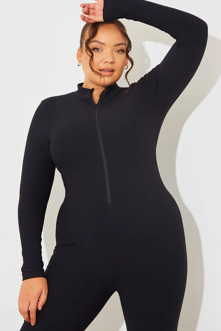 New Fits Built-In Bra Half Zip Long Sleeve Sculpt and Control Unitard Charcoal