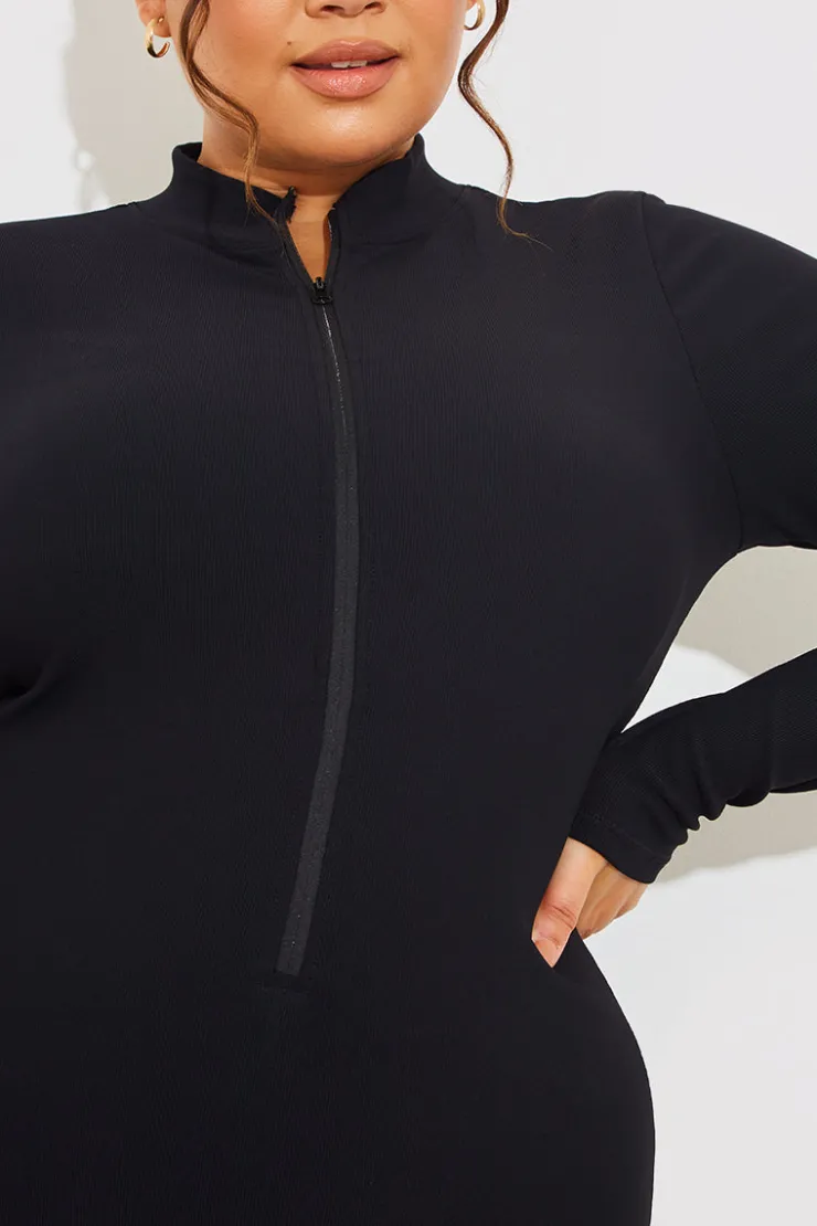 New Fits Built-In Bra Half Zip Long Sleeve Sculpt and Control Unitard Charcoal