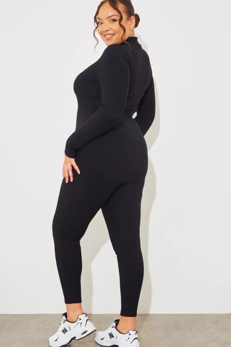 New Fits Built-In Bra Half Zip Long Sleeve Sculpt and Control Unitard Charcoal
