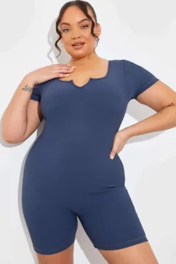 Clearance In the Style Built-In Bra Notched Neck Short Sleeve Sculpt and Control Short Unitard