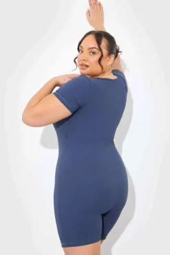 Clearance In the Style Built-In Bra Notched Neck Short Sleeve Sculpt and Control Short Unitard