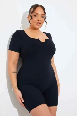 Clearance In the Style Built-In Bra Notched Neck Short Sleeve Sculpt and Control Short Unitard