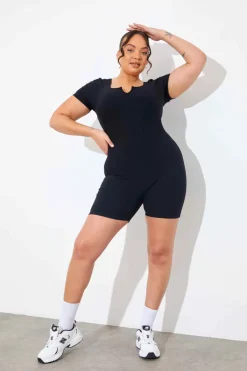 Clearance In the Style Built-In Bra Notched Neck Short Sleeve Sculpt and Control Short Unitard