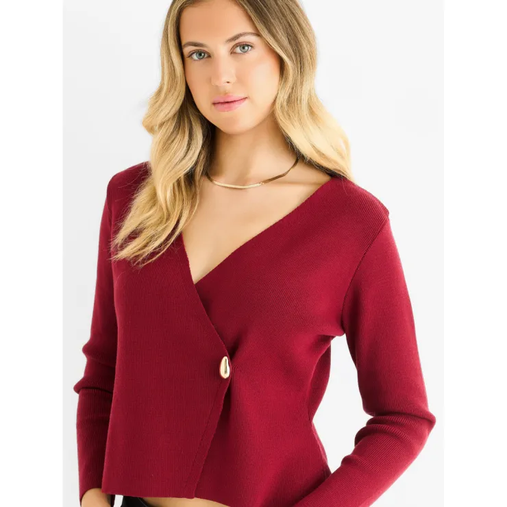 Hot Gini London Burgundy Button Wrap Compact Knit Cardigan
