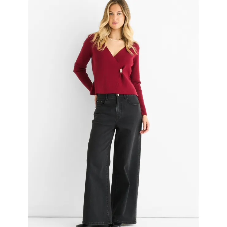 Hot Gini London Burgundy Button Wrap Compact Knit Cardigan