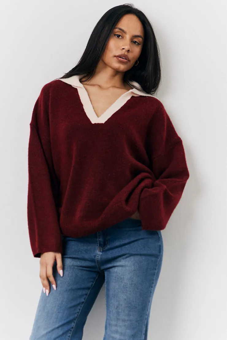 Best Fits 90's Collared Knitted Rugby Sweater Burgundy
