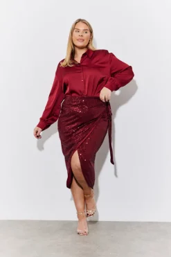 In the Style Sequin Wrap Midi Skirt Burgundy