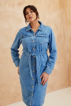 Sale In The Style Button Through Tie Waist Denim Dress Blue