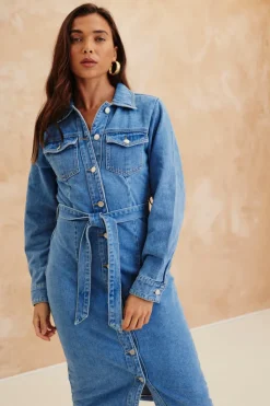 Sale In The Style Button Through Tie Waist Denim Dress Blue