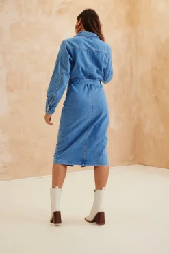 Sale In The Style Button Through Tie Waist Denim Dress Blue
