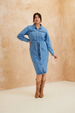 Sale In The Style Button Through Tie Waist Denim Dress Blue