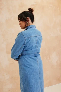 Sale In The Style Button Through Tie Waist Denim Dress Blue