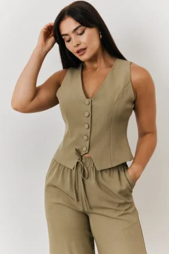 New In The Style Button Through Waistcoat Khaki