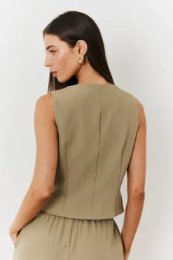 New In The Style Button Through Waistcoat Khaki