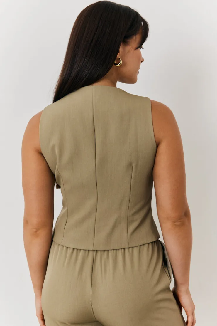 New In The Style Button Through Waistcoat Khaki