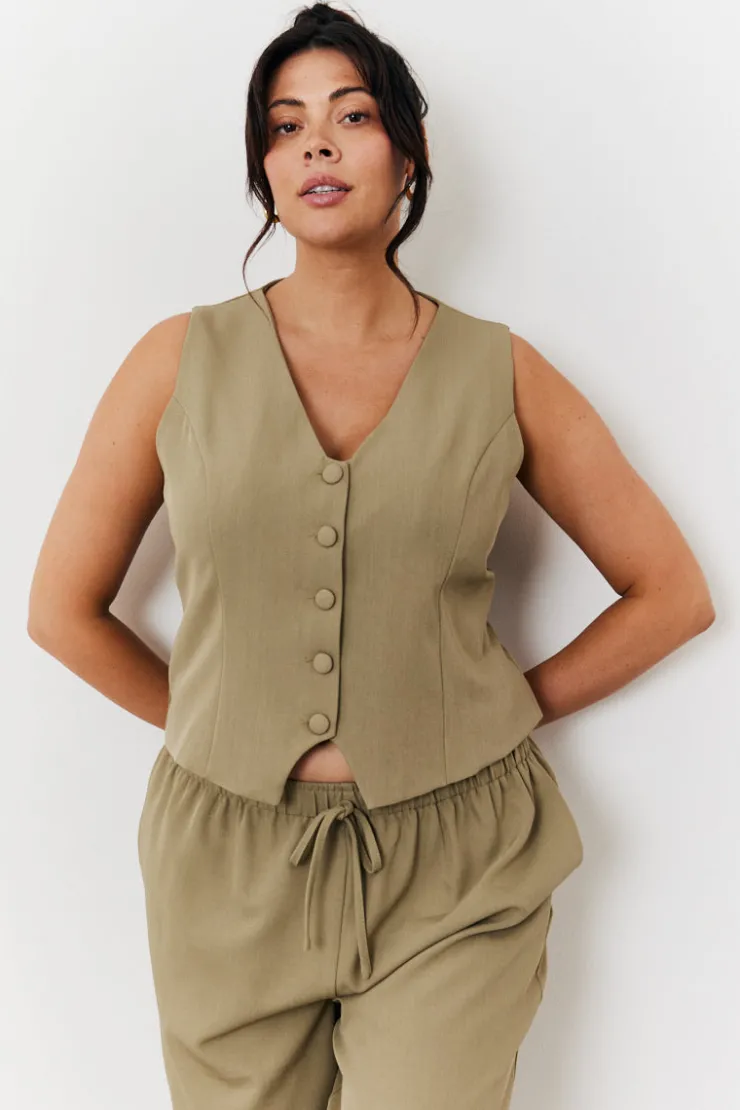 New In The Style Button Through Waistcoat Khaki