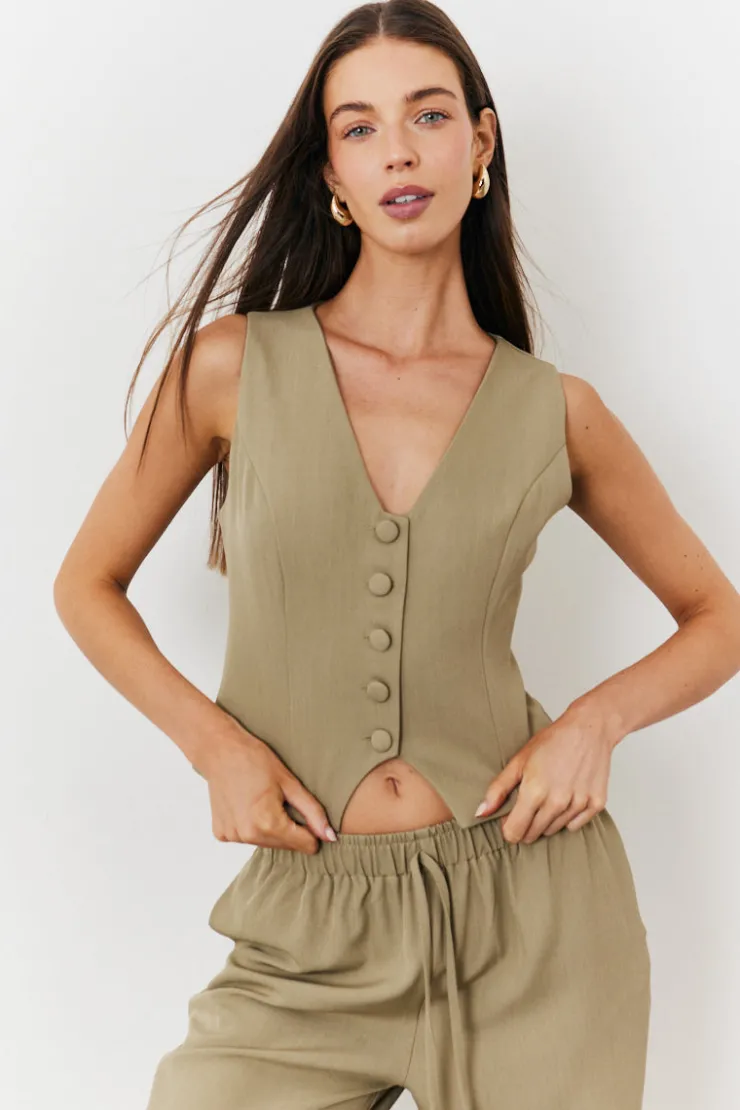New In The Style Button Through Waistcoat Khaki