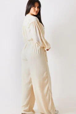 In the Style Button Up Wide Leg Jumpsuit Stone
