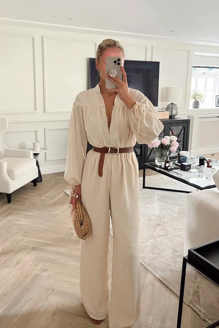 In the Style Button Up Wide Leg Jumpsuit Stone