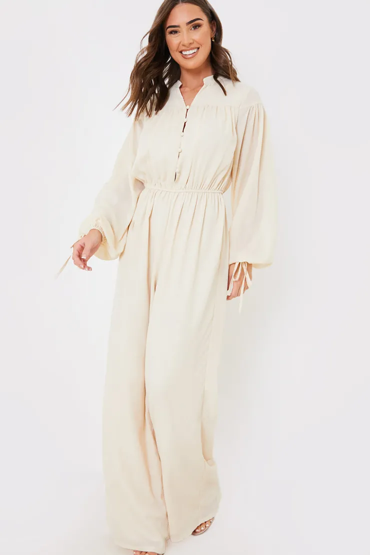 In the Style Button Up Wide Leg Jumpsuit Stone