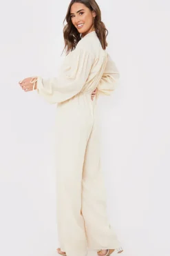In the Style Button Up Wide Leg Jumpsuit Stone