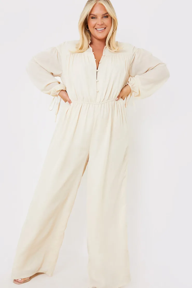 In the Style Button Up Wide Leg Jumpsuit Stone
