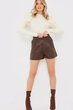 Clearance In the Style Cable Knit Puff Long Sleeve Bodysuit Stone