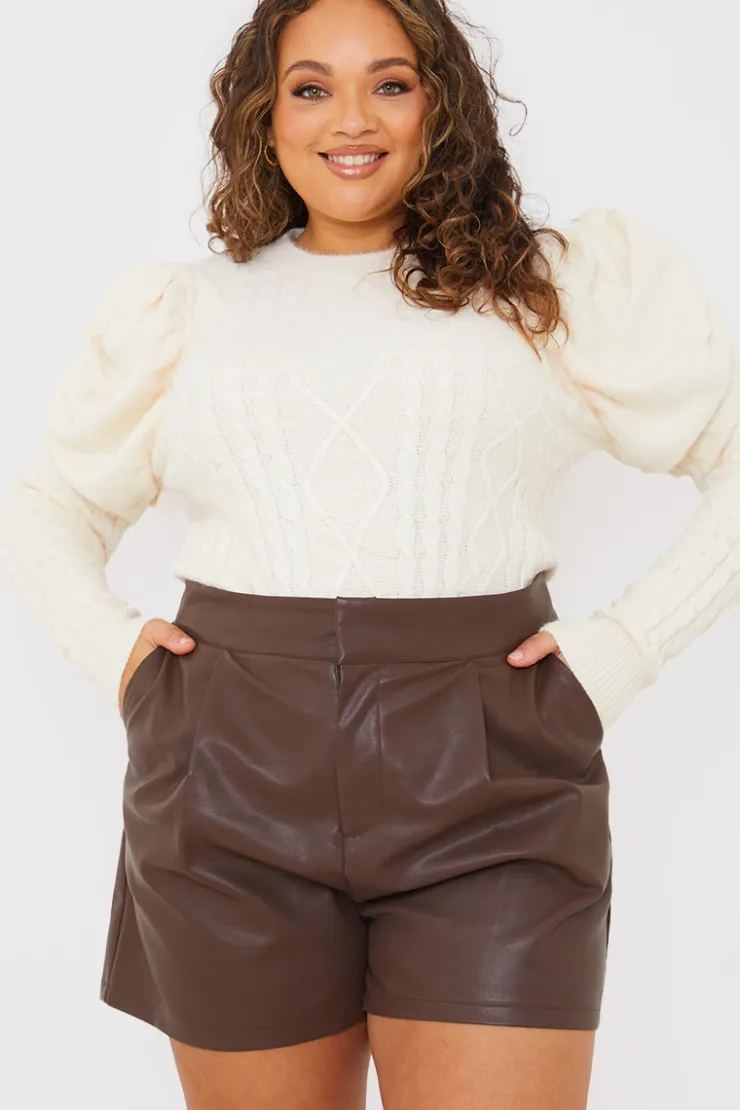 Clearance In the Style Cable Knit Puff Long Sleeve Bodysuit Stone