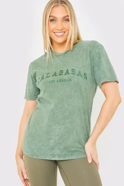 Best In the Style Calabasas' Acid Wash Slogan T-Shirt Khaki