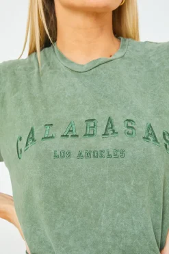 Best In the Style Calabasas' Acid Wash Slogan T-Shirt Khaki