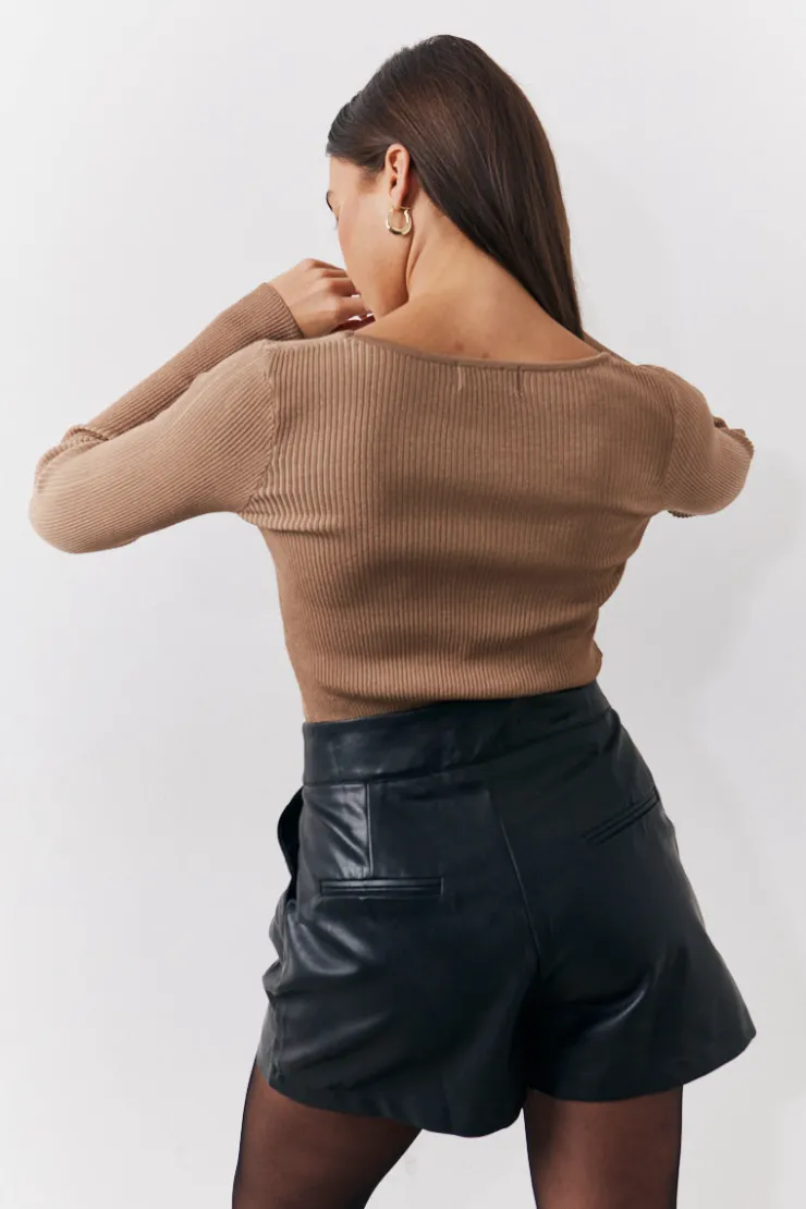 Outlet In The Style Rib Knitted Scoop Neck Long Sleeve Top Camel