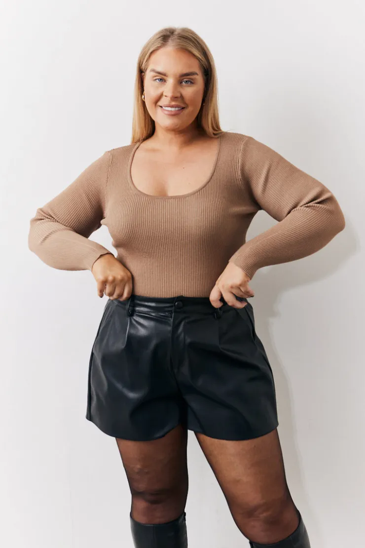 Outlet In The Style Rib Knitted Scoop Neck Long Sleeve Top Camel