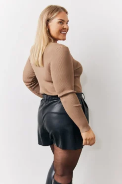 Outlet In The Style Rib Knitted Scoop Neck Long Sleeve Top Camel