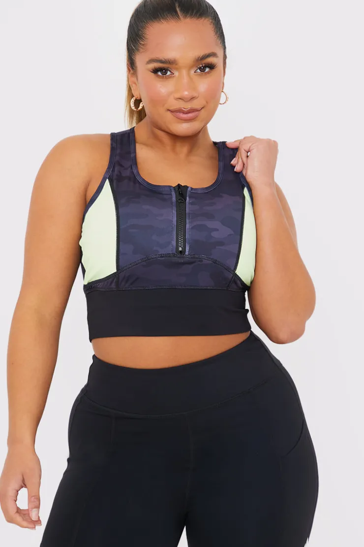 Online In the Style Camo Contrast Zip Crop Top Black