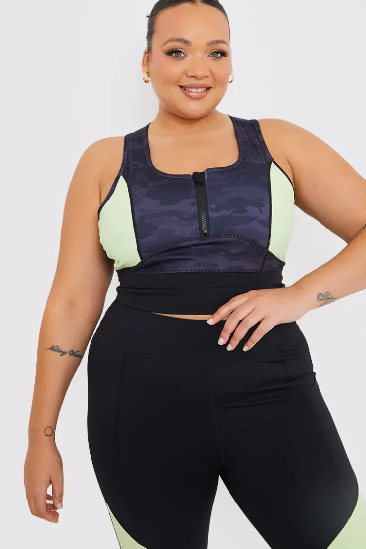 Online In the Style Camo Contrast Zip Crop Top Black