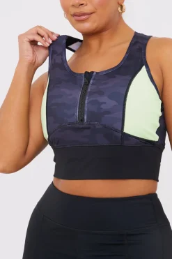 Online In the Style Camo Contrast Zip Crop Top Black