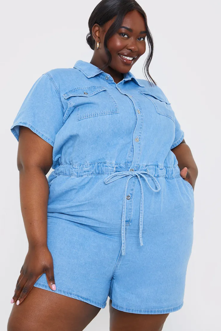 New In the Style Chambray Button Through Drawstring Playsuit Blue