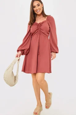 Best In The Style Channel Front Ruched Balloon Sleeve Shift Dress Pink