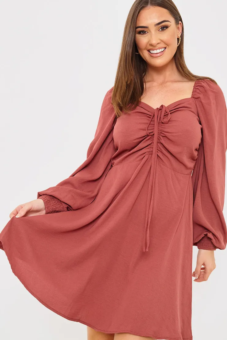Best In The Style Channel Front Ruched Balloon Sleeve Shift Dress Pink