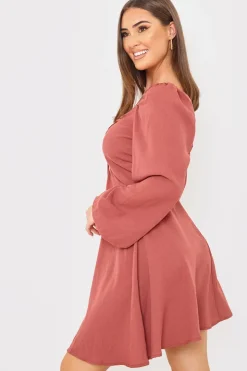 Best In The Style Channel Front Ruched Balloon Sleeve Shift Dress Pink