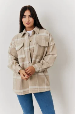 Online In the Style Check Button Through Shacket Cream