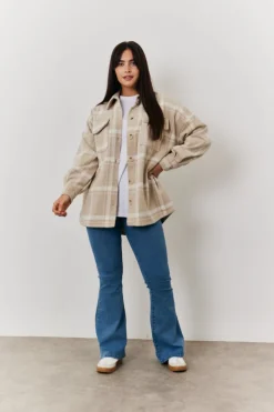Online In the Style Check Button Through Shacket Cream