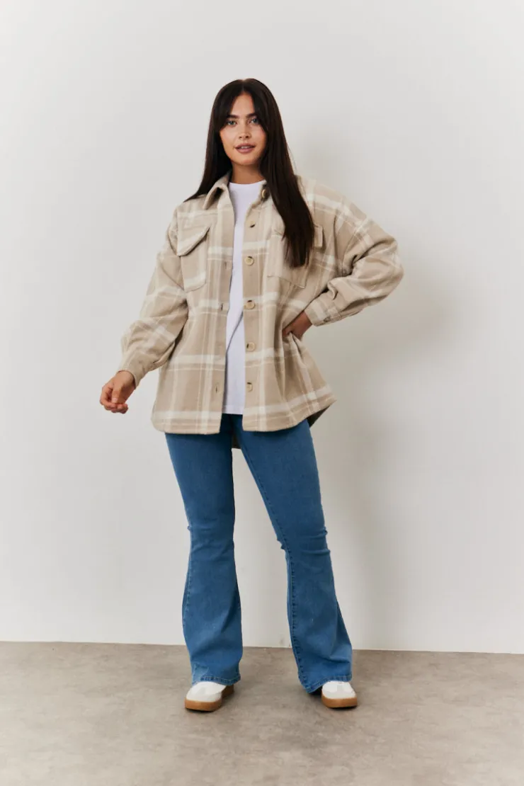 Online In the Style Check Button Through Shacket Cream
