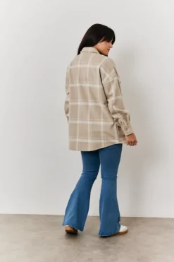Online In the Style Check Button Through Shacket Cream