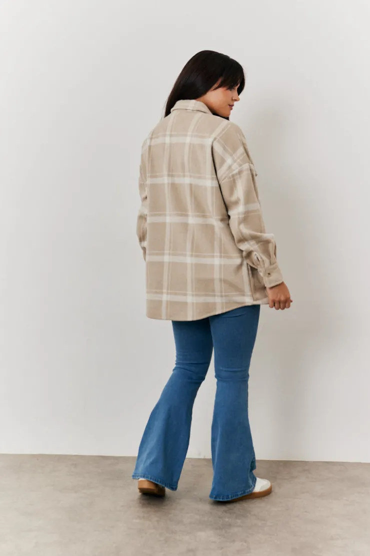 Online In the Style Check Button Through Shacket Cream